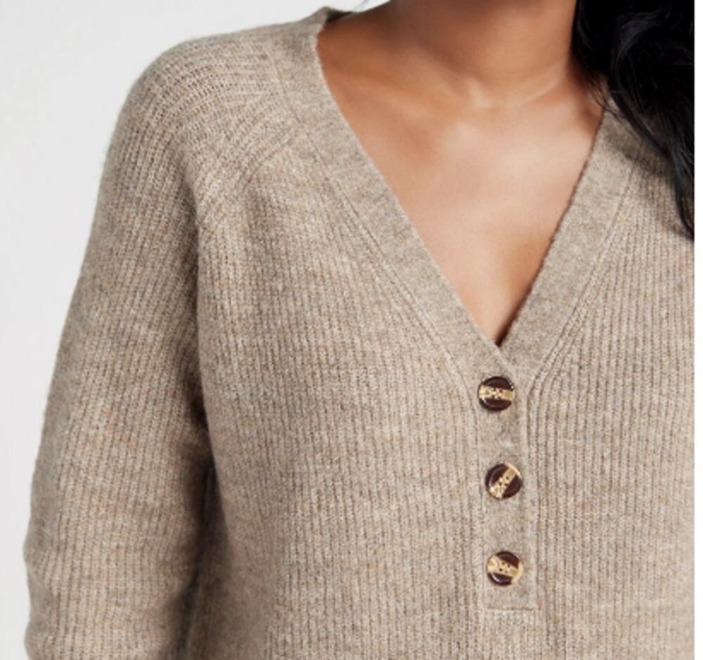 LUSH Taupe Knit Henley Sweater Size S Long Sleeve V Neck Button Front Pullover